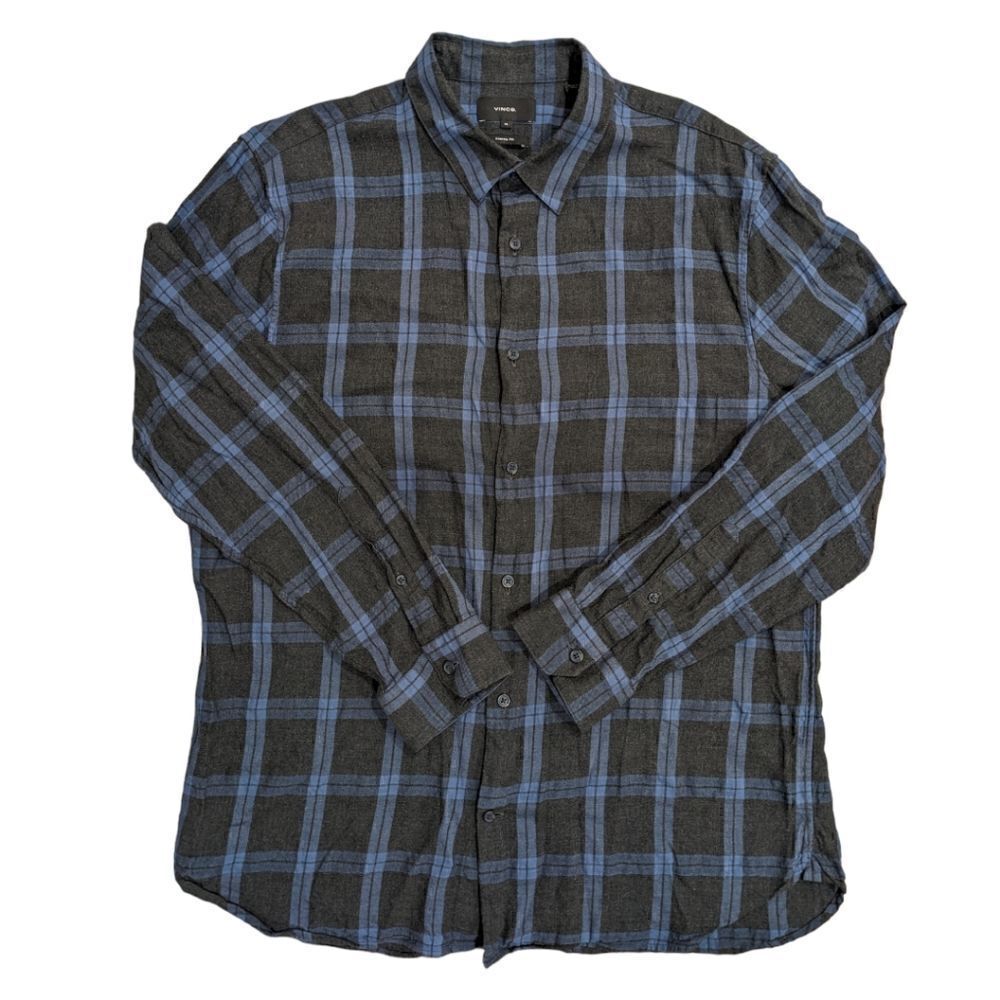 Vince Classic Fit Men's Grey & Blue Plaid Casual Button Down Shirt Size XL